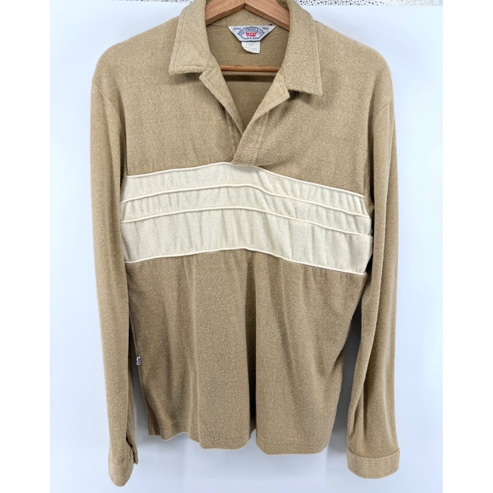 Vintage Levis Terry Cloth Long Sleeve Polo Tan White Ribbed Large 1012